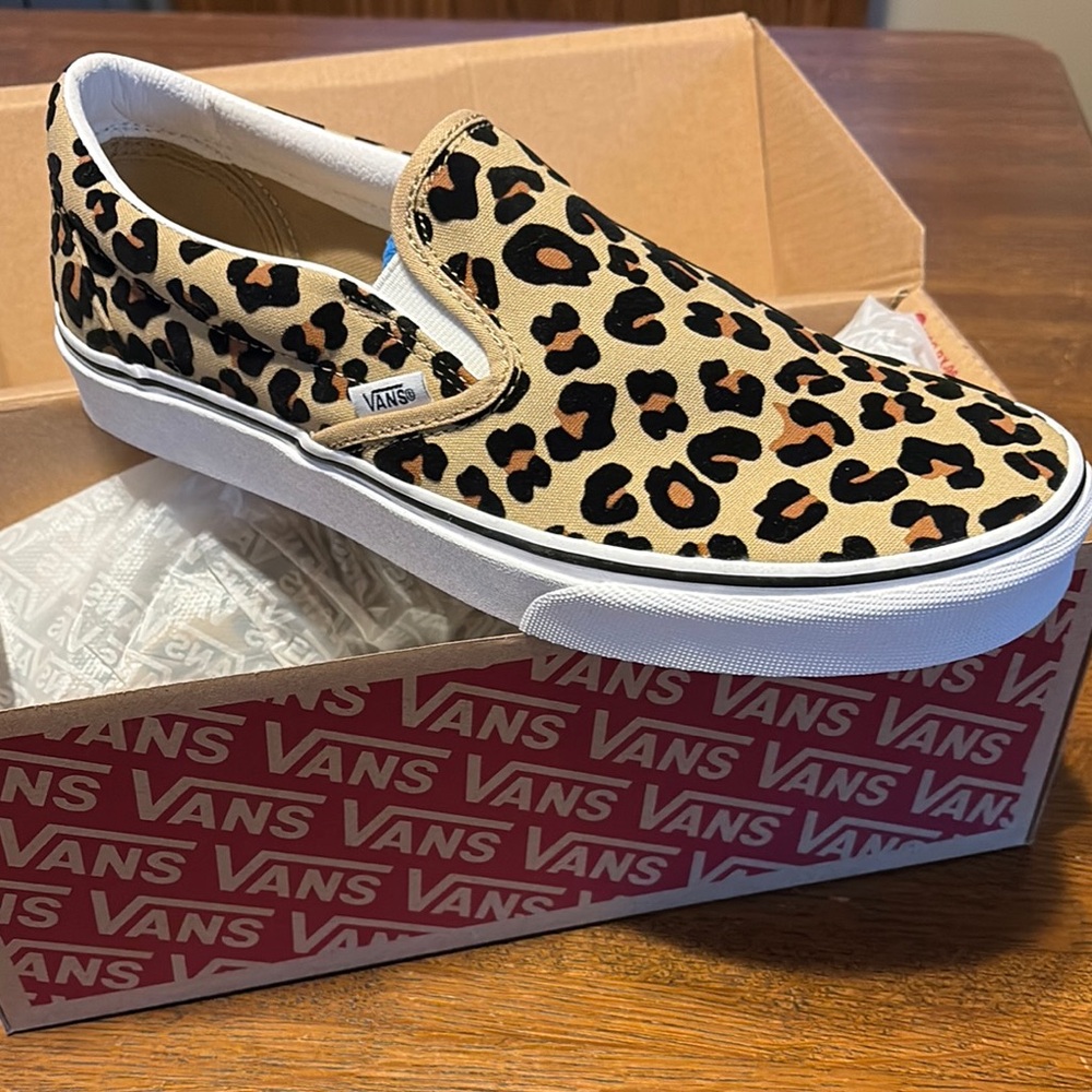 Vans Tan and Black Leopard Slip-Ons